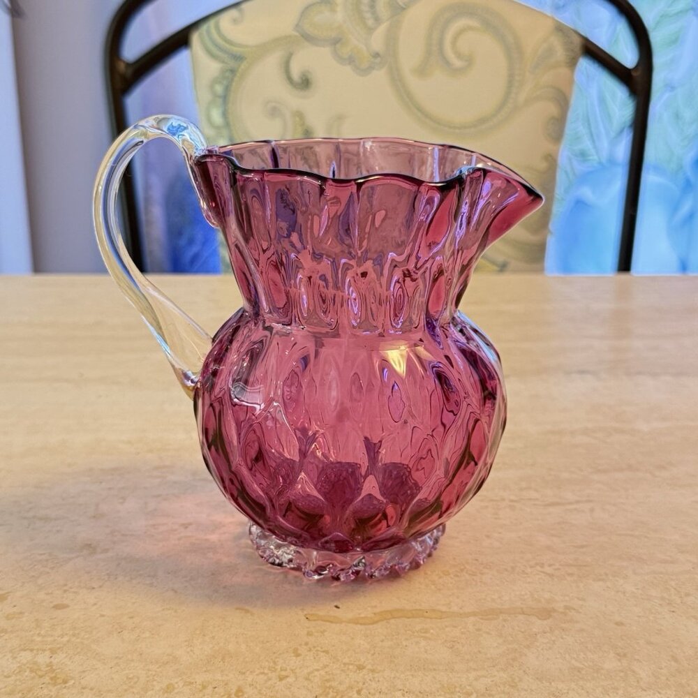Victoria Hand Blown Cranberry Glass Pitcher W/Clear Handle & Finished Bottom